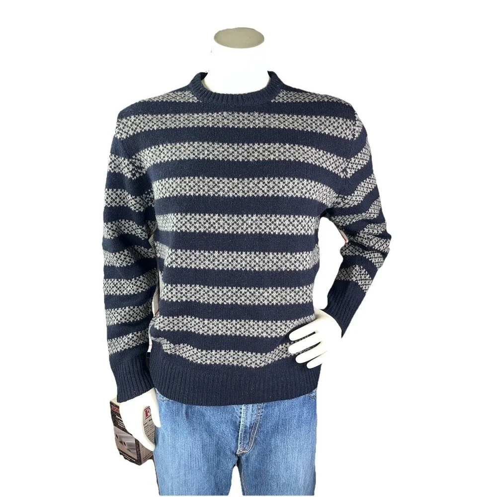 J.Crew Men’s Large 100% Lambswool Crewneck Sweater Horizontal Stripes Navy Gray
